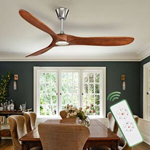 ALUOCYI 60 inch Outdoor Wood Ceiling Fan with Remote Control, Modern Low Profile Ceiling Fans with no Lights, 3 blades 6 Speed for indoor living Room, Patio Noiseless DC Motor, Solid Walnut and Brown