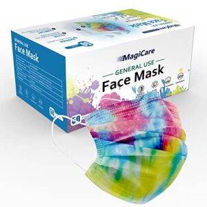 MagiCare Tie Dye Masks for Adults – Bright Colorful Masks Disposable -Comfortable, Breathable, Stylish Printed 3 Ply Tie Dye Face Mask – Adult Disposable Face Masks with Designs – Tie Dye Masks Disposable Adults – 50pcs (Bright Tie Dye Mask)