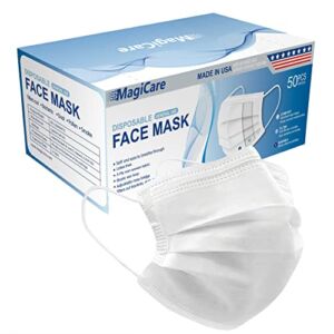 MagiCare Made in USA Masks – White Face Masks Disposable – Premium 3 Ply Face Mask for Adults – Comfortable, Soft, Breathable – White Face Masks Disposable Made in USA – 50ct Box