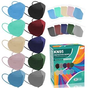 XDX KN95 Face Masks, Individually Wrapped Multicolor Face Masks Disposable for Men and Women, 5 Layers Breathable & Comfortable 10 Colors Masks, Filter Efficiency ≥95% (Medium Size-20 Pack)