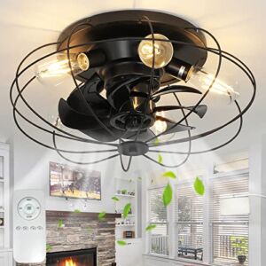 Depuley 18.9” Caged Ceiling Fans with Lights Remote Control, 5Light Low Profile Bladeless Ceiling Fan with 3Level Wind Speed, Black Farmhouse Ceiling Fan for kitchen/Bedroom/Living Room, UL Listed