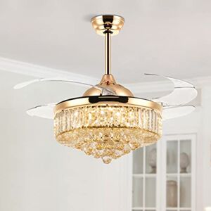 CROSSIO Crystal Chandelier Fan Modern Gold Ceiling Fan with Lights Retractable Invisible Fan Chandelier with Remote Control LED Dimmable Light for Bedroom Living Room 48 inches