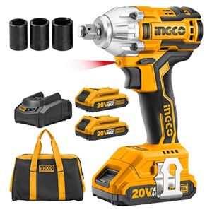 INGCO 20V Cordless Impact Wrench Set, 1/2 Inch Brushless Impact Wrench with 2pcs Batteries 1pc Hour Fast Charger 3pcs Sockets 1pc Bag CIWLI2001A