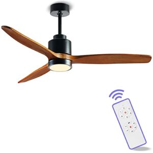 Quiet 52” Wood Ceiling Fans with Lights and Remote Moisture-proof Outdoor Ceiling Fan for Patios, 6 Speeds Ceiling Fan for Living Bedroom Kitchen, 3 Light Color, Timer Function, Reversible Motor