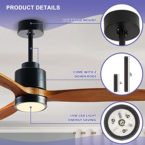 Quiet 52” Wood Ceiling Fans with Lights and Remote Moisture-proof Outdoor Ceiling Fan for Patios, 6 Speeds Ceiling Fan for Living Bedroom Kitchen, 3 Light Color, Timer Function, Reversible Motor | The Storepaperoomates Retail Market - Fast Affordable Shopping