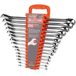 HORUSDY 15-Piece SAE Wrench Set, “V” Notch Premium Combination Wrenchs Set, SAE 1/4″ to 1″, Max Torque, 12-Point, Chrome Vanadium Steel, with Storage Rack