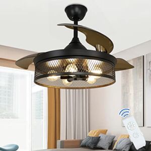 Depuley 42” Caged Ceiling Fan with Lights Remote Control, Vintage Flush Mount Ceiling Fans with Lights, Farmhouse Low Profile Ceiling Fan Light for Kitchen Bedroom Living Room 5 E26 Base(No Bulbs)