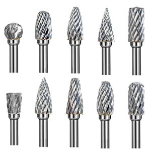 Carbide Burr Set 10pcs Double Cut Steel Cutting Burrs Bit DIY Rotary Tools with 3mm(1/8”) Shank and 6mm(1/4”) Head Wood Stone Carving Metal Grinding Engraving Polishing Shaping Drilling
