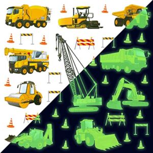 TOARTi Glow in The Dark Construction Wall Stickers, Transport Truck Excavator Tractor Decals ,Luminous Vehicle Wall Decal for Kids Boys Room Nursery Decor(4 Sheets, 49 pcs)