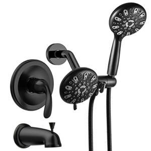 WRISIN Black Shower Faucet Set with Tub Spout (Valve Included), Black Shower Head and Handle Set, Dual Shower Head System with Handheld Combo