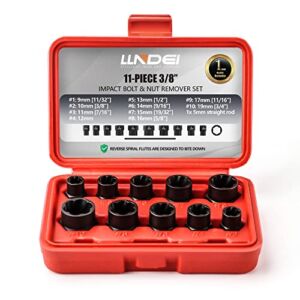 LLNDEI 3/8 Inch Bolt Extractor Set (9-19mm) 10+1 PCS Impact Rounded Bolt Nut Remover Set, Rusted Damaged Stripped Nut Bolt Removal Tool Kit with Storage Case, Gift for DIY Household Men