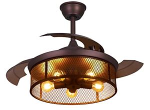 DAFOLOGIA Caged Ceiling Fan with Light 42″ Industrial Retractable Remote Control Rustic Farmhouse Low Profile Chandelier Fan Light Fixtures for Kitchen Living Room Bedroom 5 E26 Base(No Bulb)