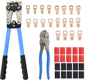 Battery Cable Wire Lug Crimping Tool for AWG 8-1/0 Wire Lugs with Cable Cutter, 20PCS Tubular Ring Terminal Connectors, 20PCS 3:1 Dual Wall Adhesive Heat Shrink Tubing