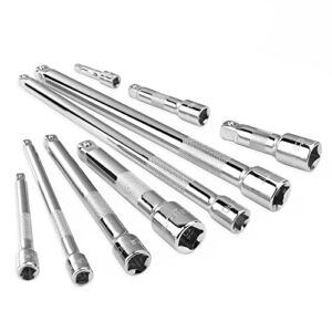 DURATECH Wobble Extension Bar Set, 1/4″, 3/8″, 1/2″ Drive Socket Extension Bar Set, Cr-V Steel, Chrome Plated, Storage Tray Included, 9 Pcs