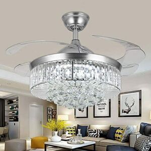 Invisible Chandelier Ceiling Fan Light,Modern Crystal Ceiling Fan Light Remote Control 4 Retractable ABS Blades for Bedroom Living Room Dining Room Decoration (Silver, 36″)