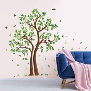 decalmile Green Tree Wall Stickers Flying Leaves Birds Wall Decals Bedroom Living Room Sofa TV Background Wall Decor