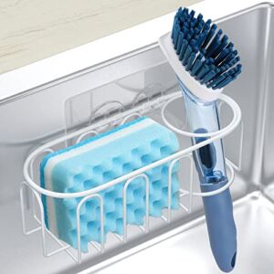 stusgo Sponge Holder for Kitchen Sink, 2 in 1 Sponge and Brush Holder in Sink, Adhesive Sponge Caddy for Kitchen Sink, Stainless Steel, Rust Proof Water Proof, No Drilling, White