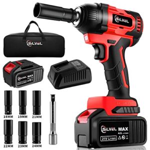 SILVEL 21V Cordless Impact Wrench 1/2 inch，370 Ft-lbs Max Torque(500N.m), Brushless Power Impact Gun, 4.0Ah Li-ion Battery with Fast Charger, 6Pcs Sockets, Electric Impact Driver for Car Home