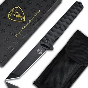 AUBEY Tanto Blade EDC Knife, 440 Steel Pocket Folding Knife with Liner Lock, Clip, Aluminum Handle and Glass Breaker, Nice Gift for Men Women (Black)