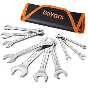 3mm Super Thin Wrench Set, 10-PSC Slim Wrench Set, Full Set 5.5 to 27mm, Open End Wrench Set, Chrome Mirror Polished, Royars Thin Wrenches Set Metric with Rolling Pouch for Narrow Nuts and Bicycle