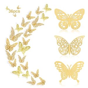 3D Butterfly Wall Decor Stickers, PCORES Cute Butterfly Home Decorations, 36Pcs Removable Stickers 3 Size-3 Styles for Party/Birthday/Wedding and Festival Decorations, Kids Babys Bedroom Decorations (Gold)