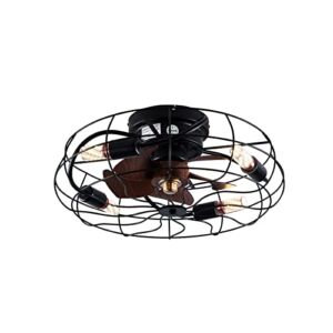 Caged Low Profile Ceiling Fan with Light, 3 Speeds Adjustable, Enclosed Ceiling Fan Lights with Remote, Industrial Bladeless Ceiling Fans for Living Room, Bedroom, Kitchen (4*E27 bulbs, not included)
