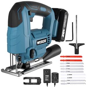 Jigsaw, WESCO 20V Cordless Jig Saws-Power Jig Saws for Woodworking, with LED, 4 Orbital, 0-2500 SPM Variable Speed, ±45° Bevel Angle, Tool-free Blade Changing, Scale Ruler, Fast Charger，10pcs Blades