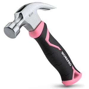 WORKPRO 8 oz Claw Hammer with Fiberglass Handle, All Purpose Hammer with Forged Hardened Steel Head, Smooth Face & Shock Reduction Grip, Pink