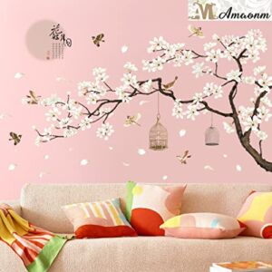 Amaonm Chinese Style White Flowers Black Tree and Flying Birds Wall Stickers Removable DIY Wall Art Decor Decals Murals for Offices Home Walls Bedroom Study Room Wall Decaoration, 50inchx74inch