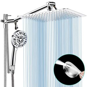 Shower Head with Handheld, 10” High Pressure Rain Shower Head/10 Modes Handheld Shower Heads Power Wash Back with 11” Extension Arm, Holder, 5ft Hose, Flow Regulator, Chrome, Height/Angle Adjustable