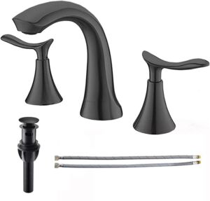 Comllen Widespread 3 Hole Matte Black Bathroom Faucet, Modern 8 Inch Two Handle Black Bathroom Sink Faucet Solid Brass Lavatory Vanity Faucets with Water Hoses and Pop Up Drain