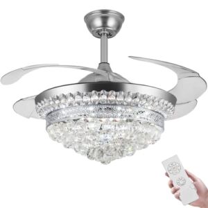 Panghuhu88 42″Invisible Ceiling Fan Chandelier with Light,Modern Crystal Ceiling Fan Light Remote Control 4 Retractable ABS Blades for Bedroom Living Dining Room Decoration (Silver)