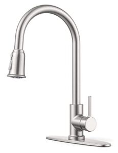Kitchen Faucet, REXMEO Premium with 9 Min Installation Kitchen Sink Faucet with Pull Down Sprayer for Kitchen Sink, Three Mode Single-Handle High Arc Brushed Nickel Stainless Steel Faucet Space Silver