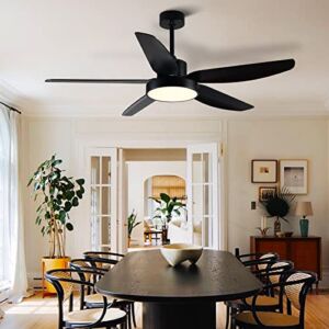 ALUOCYI 56 Inch Black Ceiling Fan with Light and Remote Control, Modern Indoor/ Outdoor Ceiling Fan with 3 color 3000-6000K,5 Bades 6 Speeds for Living Room, Bedroom, F3461S,Matte Black