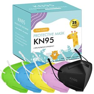 MOORAY Kids KN95 Face Mask 25 Pack,KN95 Mask for Kids 5 Layers Cup Dust Mask with Adjustable Ear Loop, Multicolored Disposable Face Masks Respirator Protection for Children