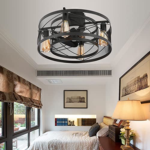 Caged Ceiling Fan with Lights, 20” Ceiling Fan with Lights and Remote, 3 Speeds Adjustable Timing, Flush Mount Farmhouse Low Profile Bladeless Ceiling Fans | The Storepaperoomates Retail Market - Fast Affordable Shopping