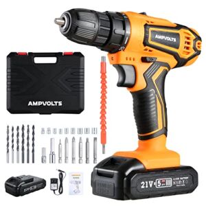 Cordless Drill Set, Ampvolts 21V Max Lithium-Ion Cordless Power Drill, 0-350 RPM/0-1400 RPM Variable Speed, 25+1 Clutch Style, 3/8″ Metal Chuck, 2.0Ah Battery, 24-Piece Accessories
