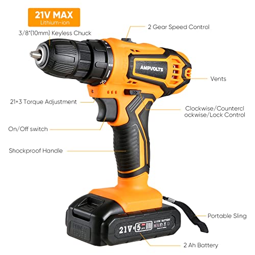 Cordless Drill Set, Ampvolts 21V Max Lithium-Ion Cordless Power Drill, 0-350 RPM/0-1400 RPM Variable Speed, 25+1 Clutch Style, 3/8″ Metal Chuck, 2.0Ah Battery, 24-Piece Accessories | The Storepaperoomates Retail Market - Fast Affordable Shopping