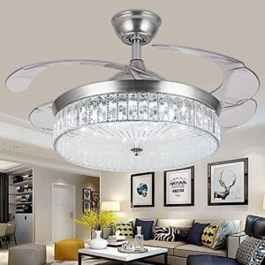 42″ Fandelier Invisible Ceiling Fan Chandelier with Light, Modern Crystal Ceiling Fan Light Remote Control 4 Retractable ABS Blades for Bedroom Living Room Dining Room Decoration