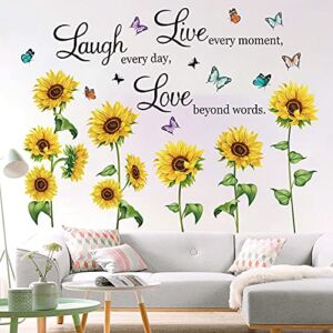 Inspirational Quotes Wall Decals Giant Sunflower Wall Stickers Butterfly Yellow Flower Family Wall Decal Motivational Saying Peel and Stick Vinyl Letters Wall Decals for Bedroom Bathroom Outdoor Decor
