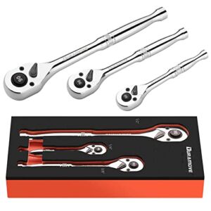 DURAMOVE 3 Piece Ratchet Repair Set, Quick Release Reversible , 90 Tooth Socket Wrench Set , 1/4″ , 3/8″ , 1/2″ Drive Ratchet Handle ,4 Degree Swing| Polished | CR-V | EVA Storage