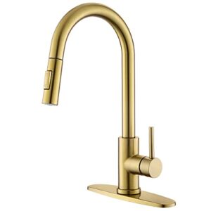 Tohlar Gold Kitchen Faucets with Pull-Down Sprayer, Modern Kitchen Sink Faucet Stainless Steel Single Handle Kitchen Faucet with Deck Plate, Brushed Gold