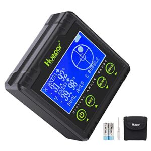 Huepar Digital Angle Gauge Protractor, Electronic Bubble Angle Finder Dual Axis Level Box 0.01° Resolution V-Groove Magnetic Base&LCD Inclinometer Bevel Gauge with Audible Alert -Measures 0~360° AG03