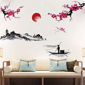 2 Sheets Japanese Style Splash Ink Landscape Painting Wall Sticker Red Cherry Blossom Wall Decals Removable Peel and Stick Mountain River Fisherman Mural for Bedroom Living Room TV Home Decor