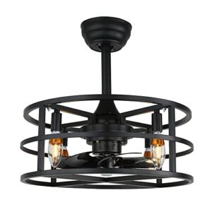 Industrial Iron Caged Ceiling Fan Light with Remote Control, 3-Speed Retro Low-Noise Quiet Ceiling Fans 4-Light for Kitchen, Restaurant, Café, etc. Metallic Black
