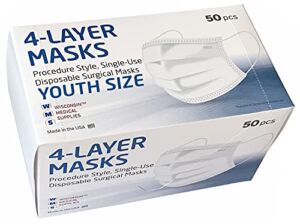 WMS Small Ear Loop 4-Layer Youth Face Masks, Wisconsin Medical Supplies, MADE IN USA, 1 Pack (50 Masks)