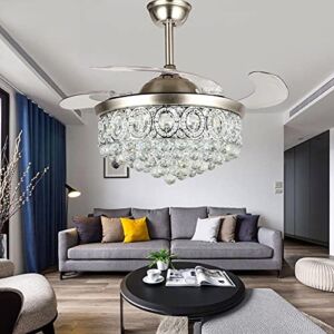 KPIBEST 42 inch Crystal Ceiling Fan with Lights Luxury Chandelier Lighting with 3 Color Level, Modern Invisible Silent Ceiling Fans with Remote Fix for Dining / Living Room