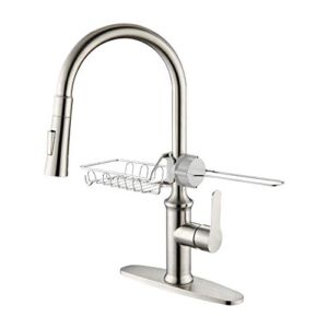 GUSITE Kitchen Faucet, Kitchen Sink Faucets with Pull Down Sprayer, Home Commercial Stainless Steel Single Handle Kitchen Faucets with Deck Plate and Storage Basket, 1 or 3 Holes (Brushed Nickel)