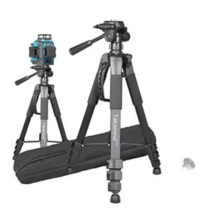 Takamine 63″ Lightweight Adjustable Laser Level Aluminum Tripod with Portable Handle, Bubble Level, Quick Release Plate with 1/4″ Screw Mount & 5/8″ UNF Adapter Nut, 3-Way Swivel Pan Head