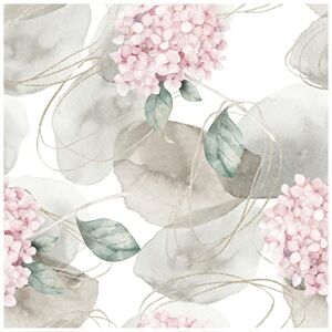 HaokHome 93164 Abstract Nordic Peel and Stick Wallpaper Geometric Hydrangea Floral White/Grey/Pink Stick on Home Decor 17.7in x 118in